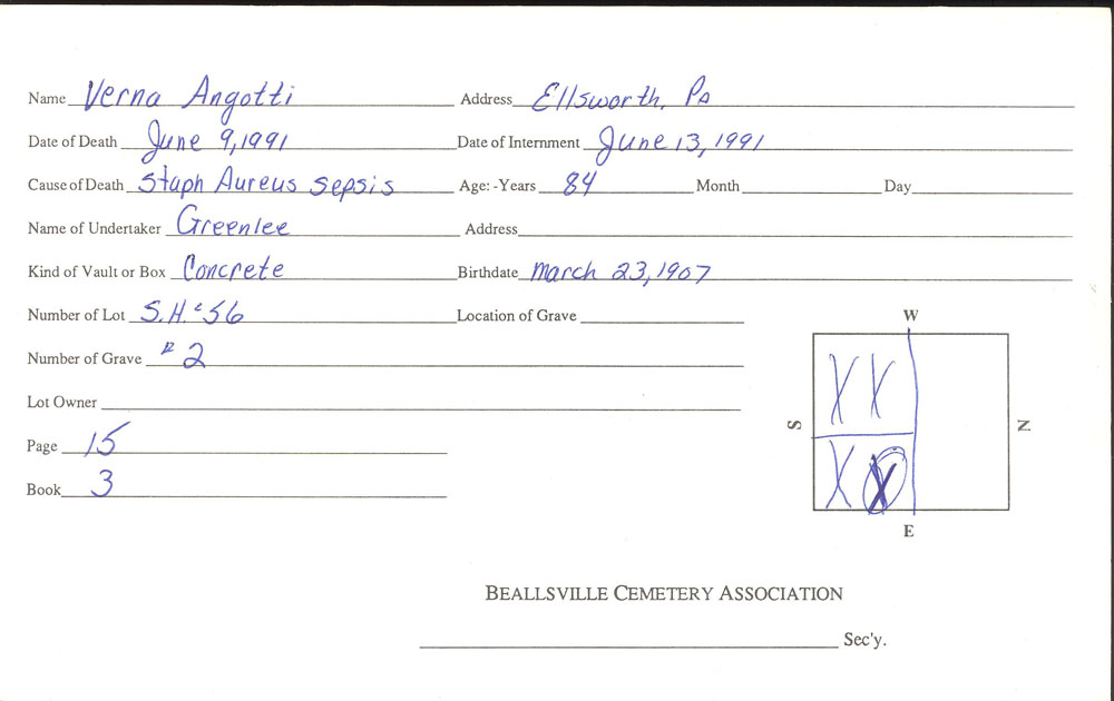 Verna Angotti burial card